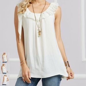 $10 NEW Suzanne Betro Ivory Ruffle Neck Sleeveless Tunic